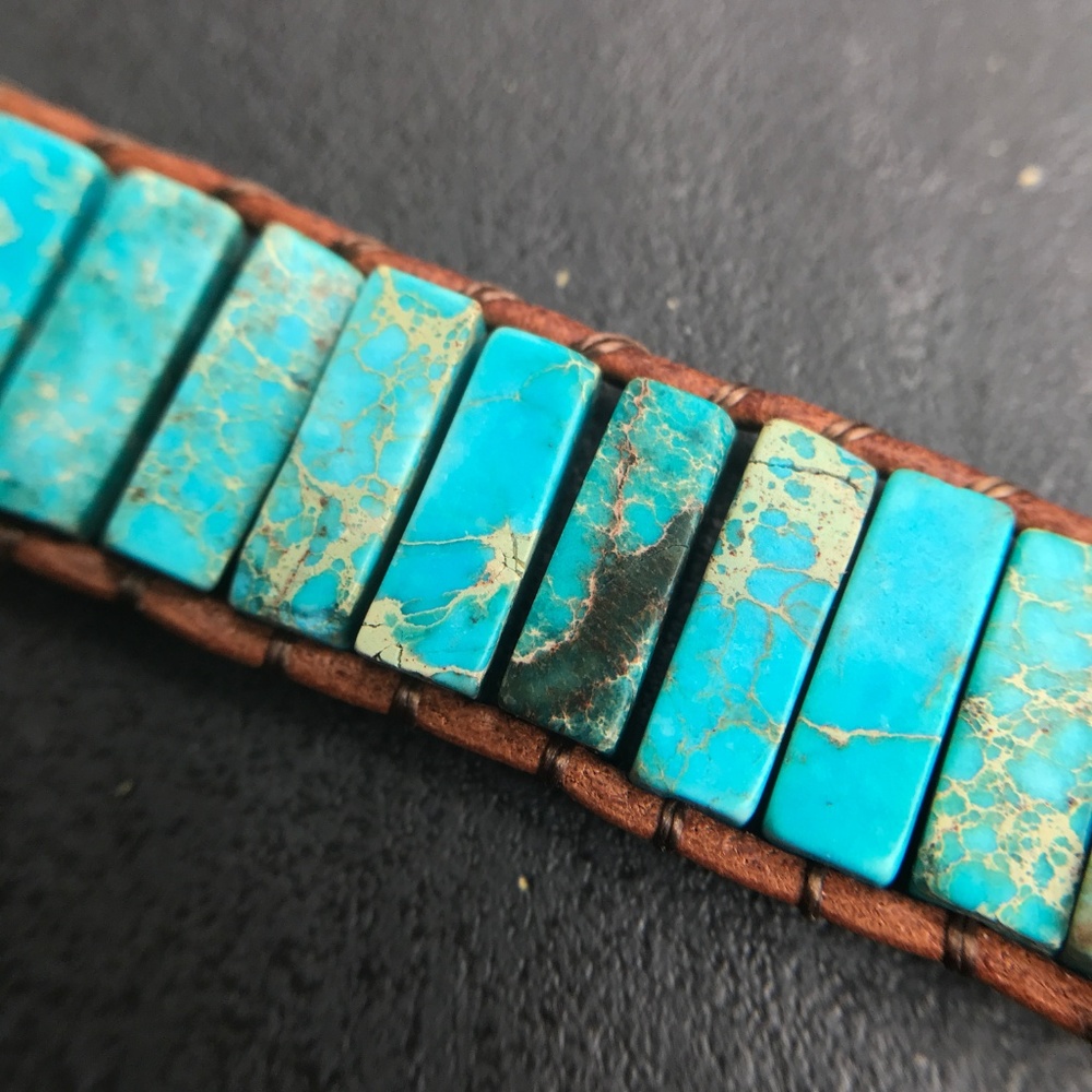 Blue Imperial Jasper Bracelet Boho Genuine Leather - Picture 8 of 8